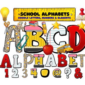 School Alphabet Doodle Letters & Numbers Sublimation PNG, Alpha Doodle, Back to School, School Supplies Clipart, Digital Download Alpha Pack