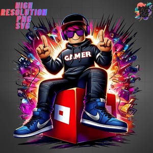 以下が含まれることがあります： 「GAMER」の文字が入った黒いパーカー、紫色のサングラス、青いスニーカーを身に着けたゲーマーキャラクターのイラスト。キャラクターは赤い立方体の上に座っています。テキスト「HIGH RESOLUTION PNG SVG」が含まれています。