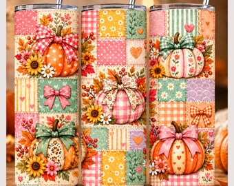 Diseño PNG de envoltura de calabaza de otoño para vaso, sublimación de vaso delgado de 20 oz, diseño de patchwork de lazo de calabaza, vaso de otoño PNG