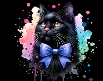 Watercolor Cat Illustration: Pink Bow, Printable Wall Art (PNG, JPG, SVG Files)