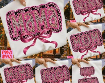 Mama Mimi Gigi Nana PNG SVG Bundle, Leopard Pink Bow Name Design, Grandma Mom Shirt PNG, Custom Name Gift Sublimation Cricut File