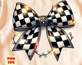 Checkered Christmas Bow PNG SVG, Farmhouse Holiday Bow Clipart, Black White Plaid Bow, Christmas Lights Sublimation Design