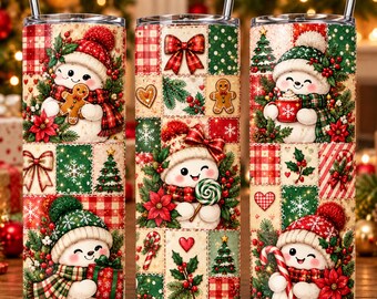 Christmas Tumbler Wrap PNG, 20oz Skinny Tumbler Sublimation, Snowman Gingerbread Patchwork, Holiday Tumbler Design