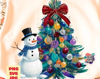 Christmas Tree and Snowman PNG, Holiday Sublimation Design New Year’s Eve Clipart, Xmas Shirt SVG, Brushstroke Christmas Png