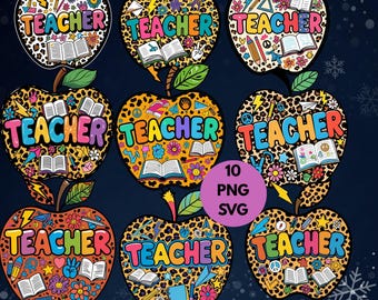 Paquete de PNG de leopardo de manzana para maestros, PNG de útiles escolares, agradecimiento al maestro, regreso a clases, sublimación de la vida del maestro, diseños de camisetas para maestros,