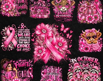 Breast Cancer Awareness PNG Bundle, Pink October PNG, Pink Ribbon Sublimation, In October We Wear Pink, Breast Cancer Shirt Designs