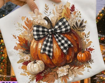 Calabaza a cuadros de búfalo PNG, lazo de calabaza otoñal, diseño de camisa floral otoñal, sublimación estilo granja