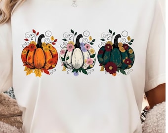 Paquete PNG de calabazas florales, 3 diseños de calabazas otoñales, sublimación bohemia de otoño, PNG de Acción de Gracias