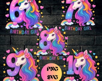 Unicorn Birthday PNG Bundle: Rainbow Girl Clipart, Ages 6-10 instant download (Digital Download)
