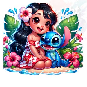 Lilo Stitch Summer Vibes Watercolor Splash Png, Stitch Floral Png,Cartoon Rainbow Aesthetic,300Dpi High Resolution PNG,Digital File Download