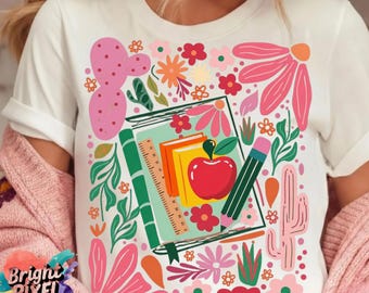Retro Teacher PNG SVG, Floral Back To School Shirt Design, Boho Teacher Life Sublimation PNG, Teacher Appreciation Apple Book Clipart