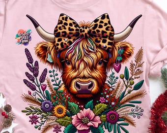 Floral Highland Cow PNG,Cute Highland cow ,leopard scarf Bow Cowgirl Clipart, Western Farm Animal,Sassy Cow Png,Cow Lover Png,Trendy Animal