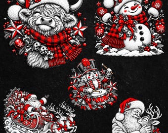 Paquete de imágenes PNG navideñas vintage, Papá Noel, reno, muñeco de nieve, cascanueces, vaca de las Tierras Altas, diseños de sublimación