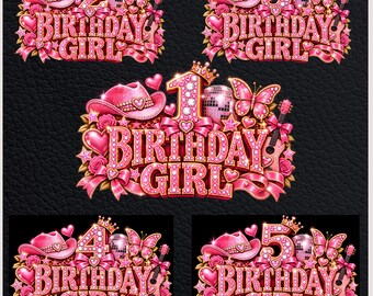 Paquete de imágenes PNG para cumpleañera, PNG para 1.º, 2.º, 3.º, 4.º y 5.º cumpleaños, Vaquera rosa de cumpleaños, Sublimación de camisetas de cumpleaños