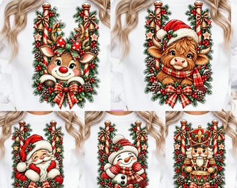 Paquete de imágenes PNG navideñas vintage, Papá Noel, reno, muñeco de nieve, cascanueces, vaca de las Tierras Altas, diseños de sublimación navideños