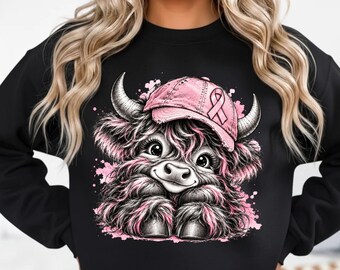 Imagen PNG de vaca de las Tierras Altas rosada para concienciación sobre el cáncer de mama, diseño de gorro con lazo rosa para sublimación (descarga digital).