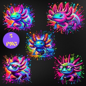 May include: Five colorful axolotl illustrations on a black background. The axolotls are depicted in vibrant shades of blue, pink, green, and orange, with a splash art effect. One axolotl wears sunglasses. A purple circle with "3 PNG" is also present.