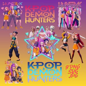 KPOP Demon Hunters PNG Bundle | Huntrix Kpop Girls Clipart | Rumi, Mira, and Zoey Anime Style png SVG jpg | Kpop Digital Download
