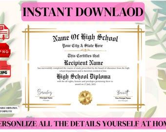 Editable High School Diploma Template, Home School Diploma, High School Diploma, Diploma Replica Template, Digital Download Template