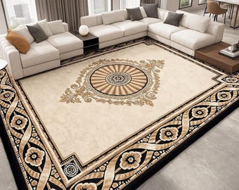 Beige Black Medallion Area Rug – Soft Floral Border Carpet for Living Room