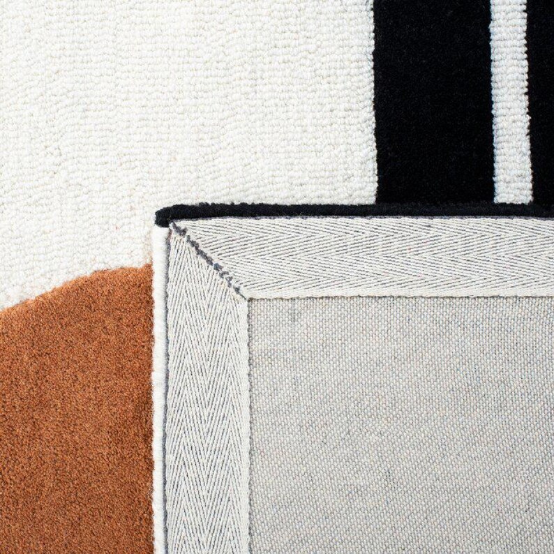 Modern Handmade Wool Rug – Abstract Geometric Tufted Carpet – Black Ivory Orange Area Rug – Living Room Decor – Indian Artisan Craft