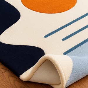 Handmade Wool Rug, Geometric Ivory Blue with Orange Circle, Modern Area Carpet for Bedroom or Living Room