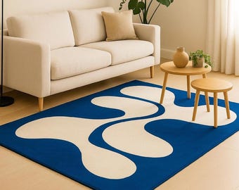 Handgetuft wollen vloerkleed, modern blauw abstract ontwerp, grote designvloermat
