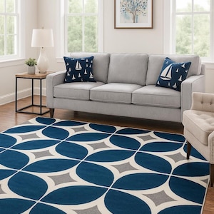 Modern Blue Geometric Area Rug – Abstract Diamond Patterned Carpet for Living Room