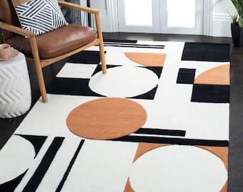 Hand Tufted Wool Rug – Abstract Geometric Black Ivory Orange Carpet – Living Room Decor