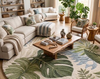 豪華なトロピカルリーフ柄の円形ラグ – 植物モチーフのアクセント