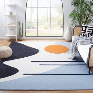 Handmade Wool Rug, Geometric Ivory Blue with Orange Circle, Modern Area Carpet for Bedroom or Living Room