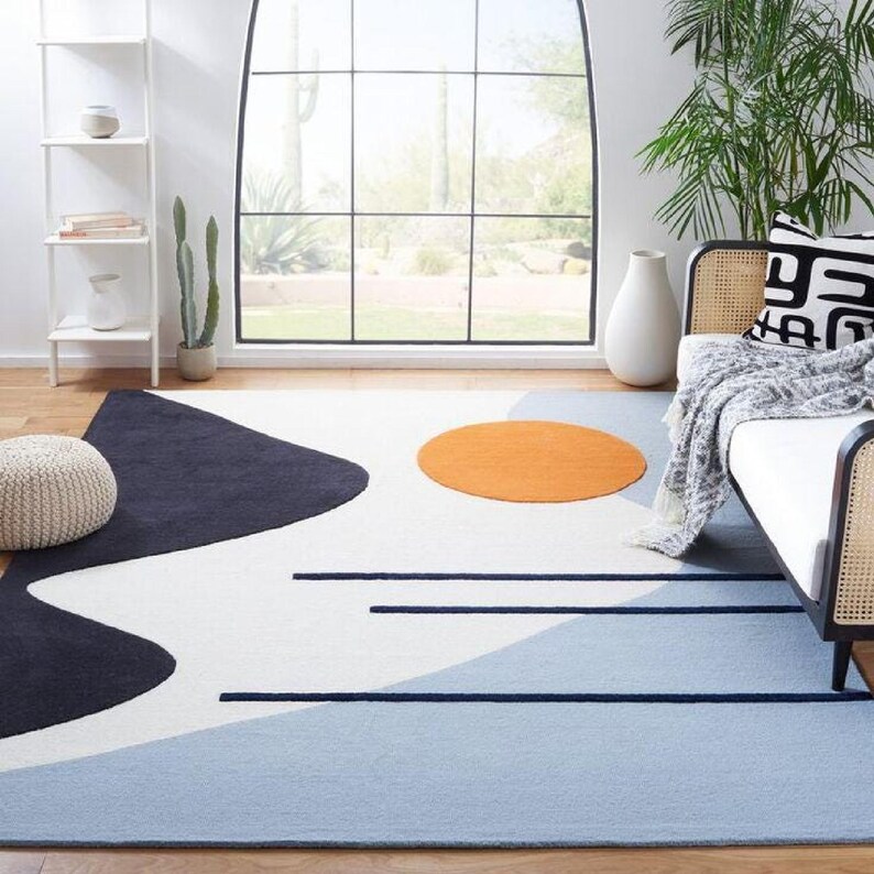 Handmade Wool Rug, Geometric Ivory Blue with Orange Circle, Modern Area Carpet for Bedroom or Living Room