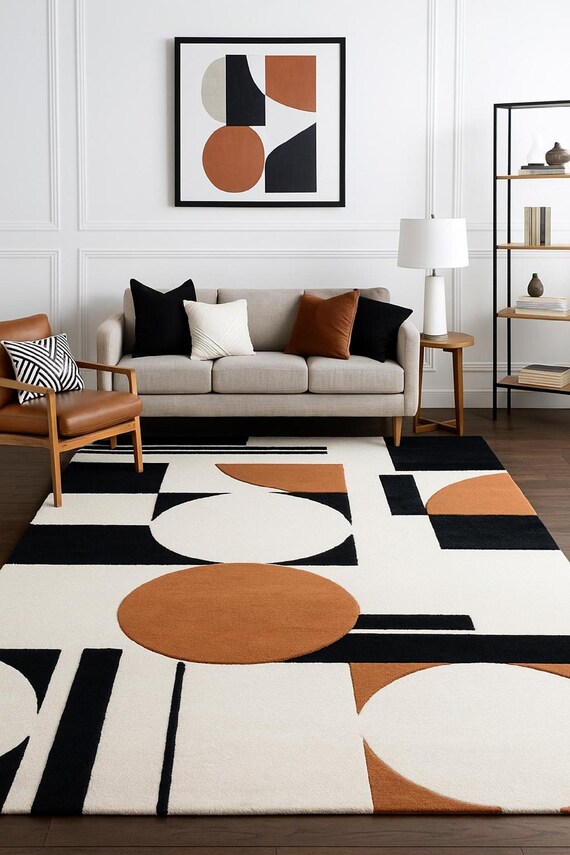 Modern Handmade Wool Rug – Abstract Geometric Tufted Carpet – Black Ivory Orange Area Rug – Living Room Decor – Indian Artisan Craft