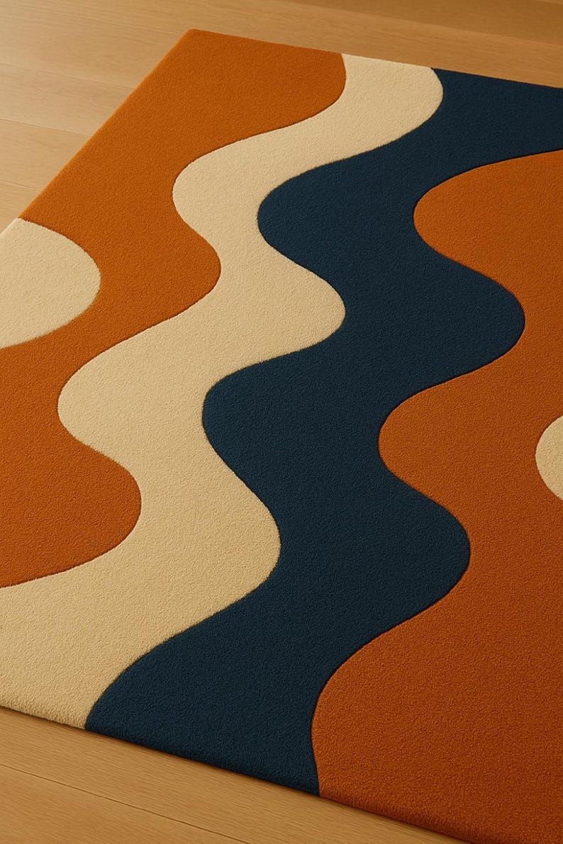 Blue Wavy Pattern Rug Modern Rug, Abstract Wave Pattern Blue Beige Orange – Soft Plush ...