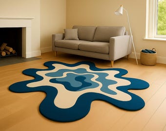 Handmade Wavy Wool Rug, Blue Cream Abstract Tufted Carpet