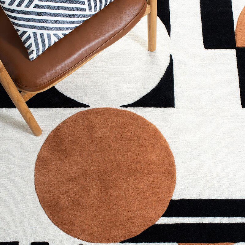 Modern Handmade Wool Rug – Abstract Geometric Tufted Carpet – Black Ivory Orange Area Rug – Living Room Decor – Indian Artisan Craft