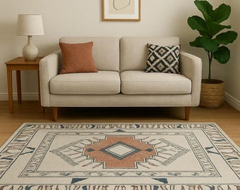 Handwoven Wool Area Rug | Geometric Tribal Design, Bohemian Decor