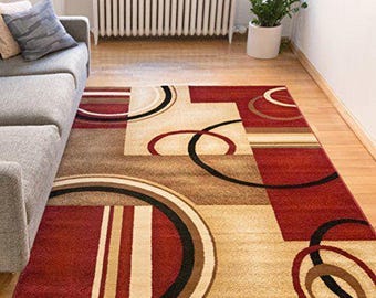 Abstract Geometric Area Rug, Burgundy Beige Modern Carpet, Mid Century Living Room Décor