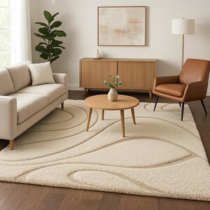 Alfombra color crema, moderna, rectangular, tejida a mano, de fibra de seda suave, con patrón de ondas de felpa, ideal para sala de estar.