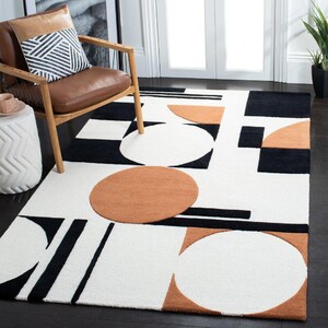 Modern Handmade Wool Rug – Abstract Geometric Tufted Carpet – Black Ivory Orange Area Rug – Living Room Decor – Indian Artisan Craft