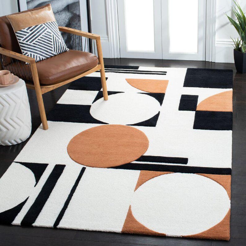 Modern Handmade Wool Rug – Abstract Geometric Tufted Carpet – Black Ivory Orange Area Rug – Living Room Decor – Indian Artisan Craft