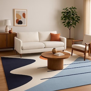 Handmade Wool Rug, Geometric Ivory Blue with Orange Circle, Modern Area Carpet for Bedroom or Living Room