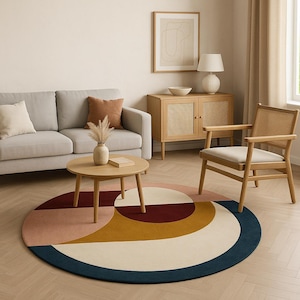 Modern Round Abstract Rug – Handwoven Geometric Floor Carpet – Multicolor Boho Circle Mat for Living Room & Bedroom – Handmade Wool Rug