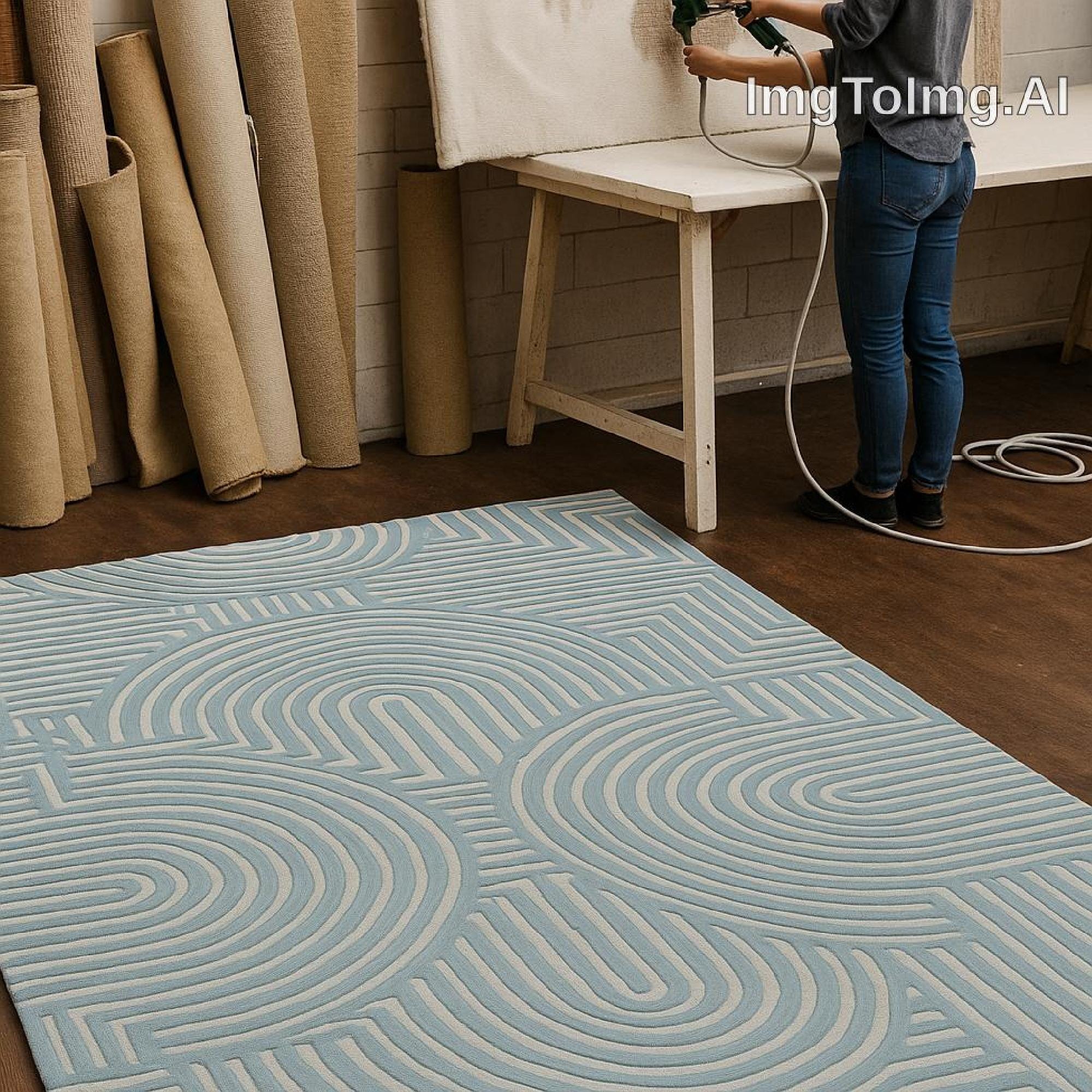 青と白のウール製ラグ、タフテッド加工の幾何学模様のアーチパターン