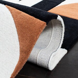 Modern Handmade Wool Rug – Abstract Geometric Tufted Carpet – Black Ivory Orange Area Rug – Living Room Decor – Indian Artisan Craft