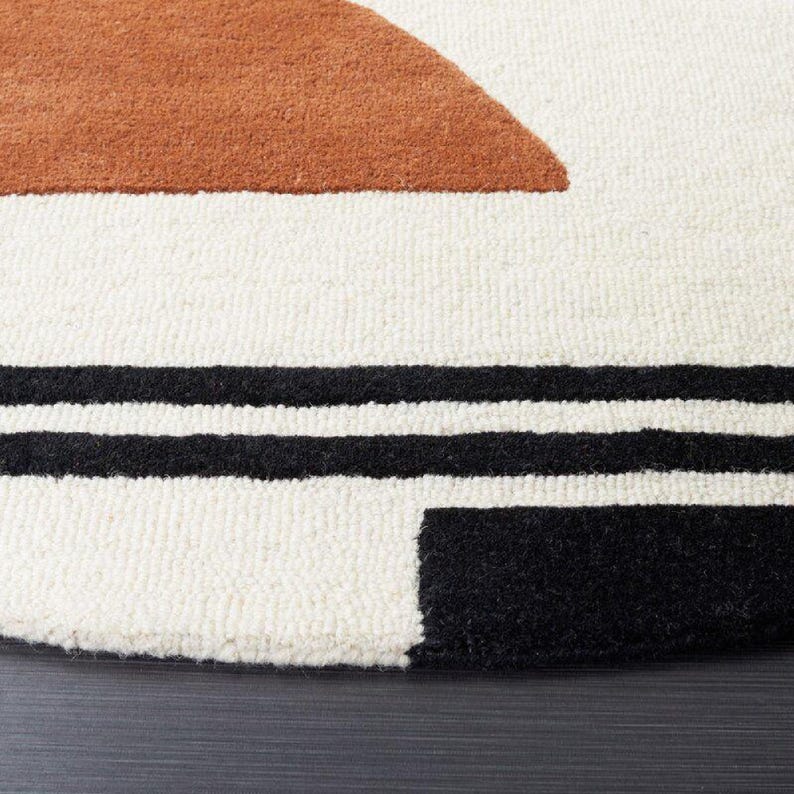 Modern Handmade Wool Rug – Abstract Geometric Tufted Carpet – Black Ivory Orange Area Rug – Living Room Decor – Indian Artisan Craft