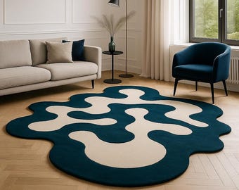 Hand Tufted Abstract Rug, Teal Beige Wavy Carpet, Custom Size