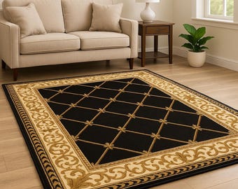 Black and Gold Area Rug – Traditional Lattice Scroll Border