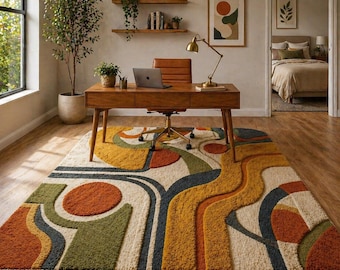 Hand-Tufted Wool Rug – Mustard Yellow Geometric Mid-Century Modern Area Carpet