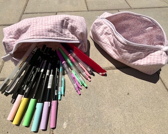 Pink Gingham/ Pencil pouch/ Makeup Pouch/ Handmade/ School pouch/ Quilted Pencil Bag